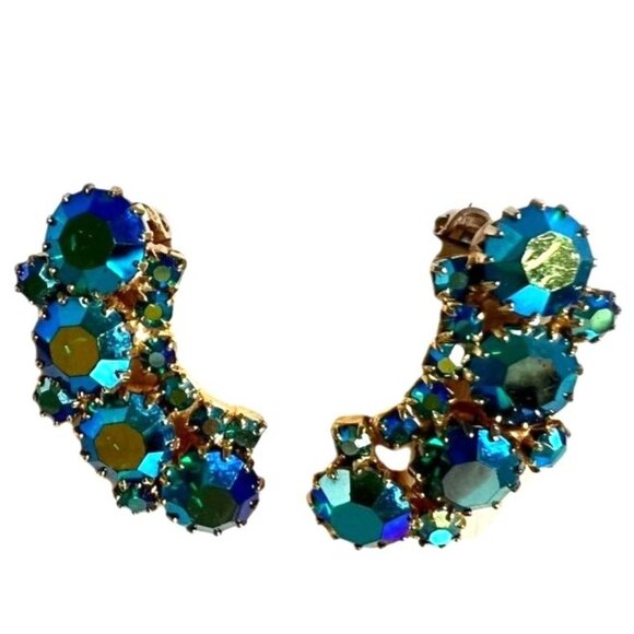 Vtg Weiss Blue Aurora Borealis Crystal Clip-On Earrings 1.25" Signed 50s Glam - Picture 4 of 10